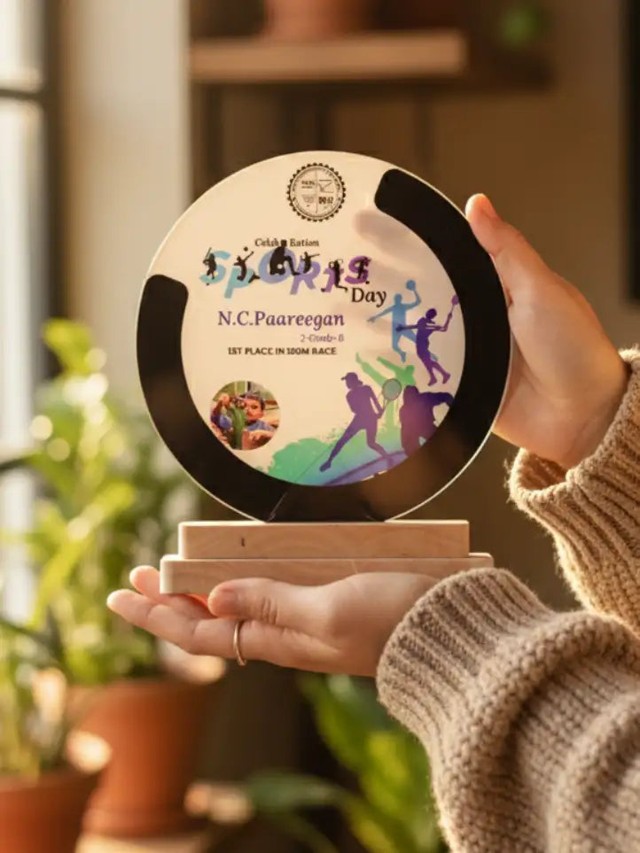 Person holding a circular trophy with colorful designs and text