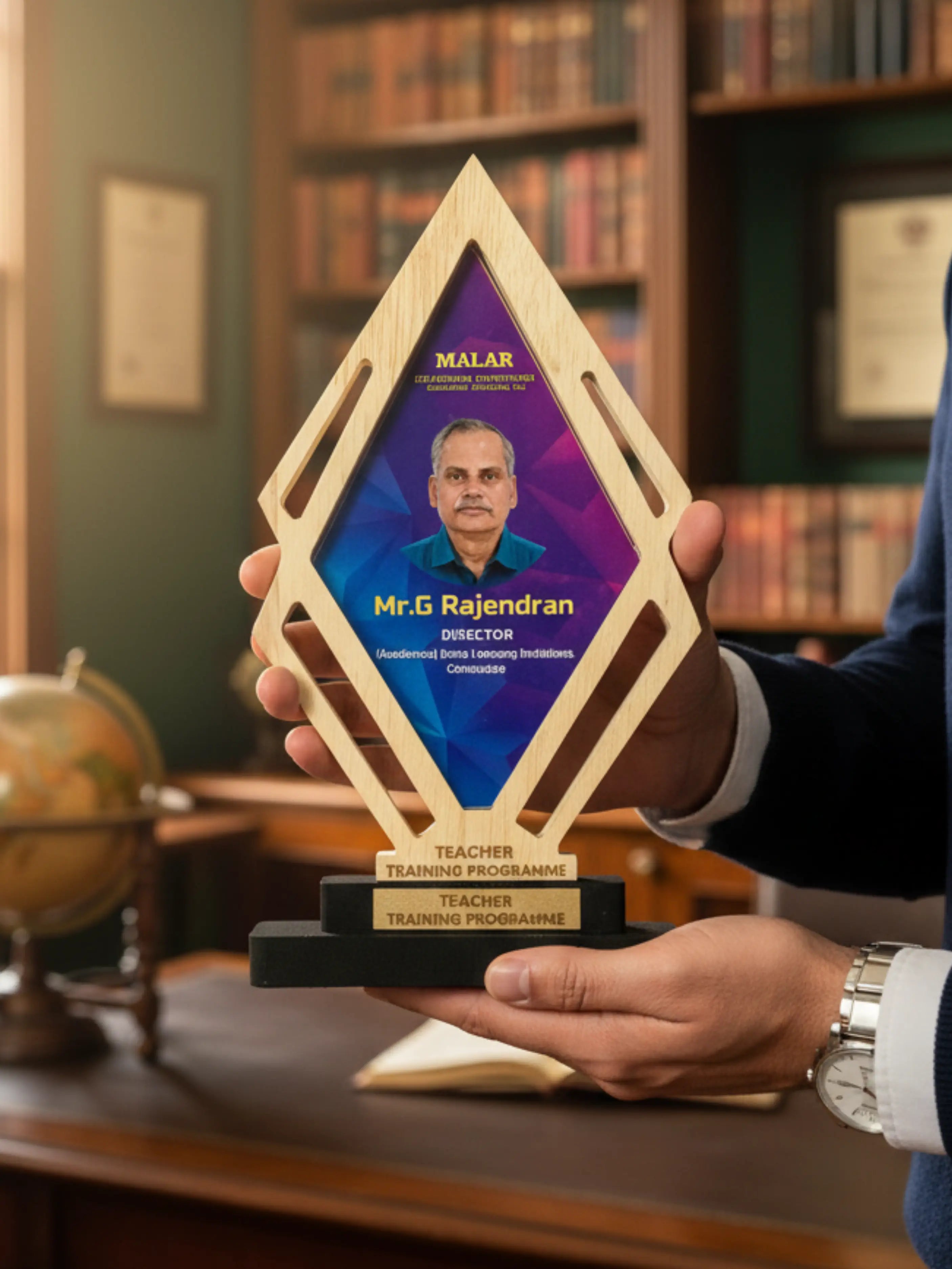 Person holding a diamond-shaped award with a portrait and text on a bookshelf background