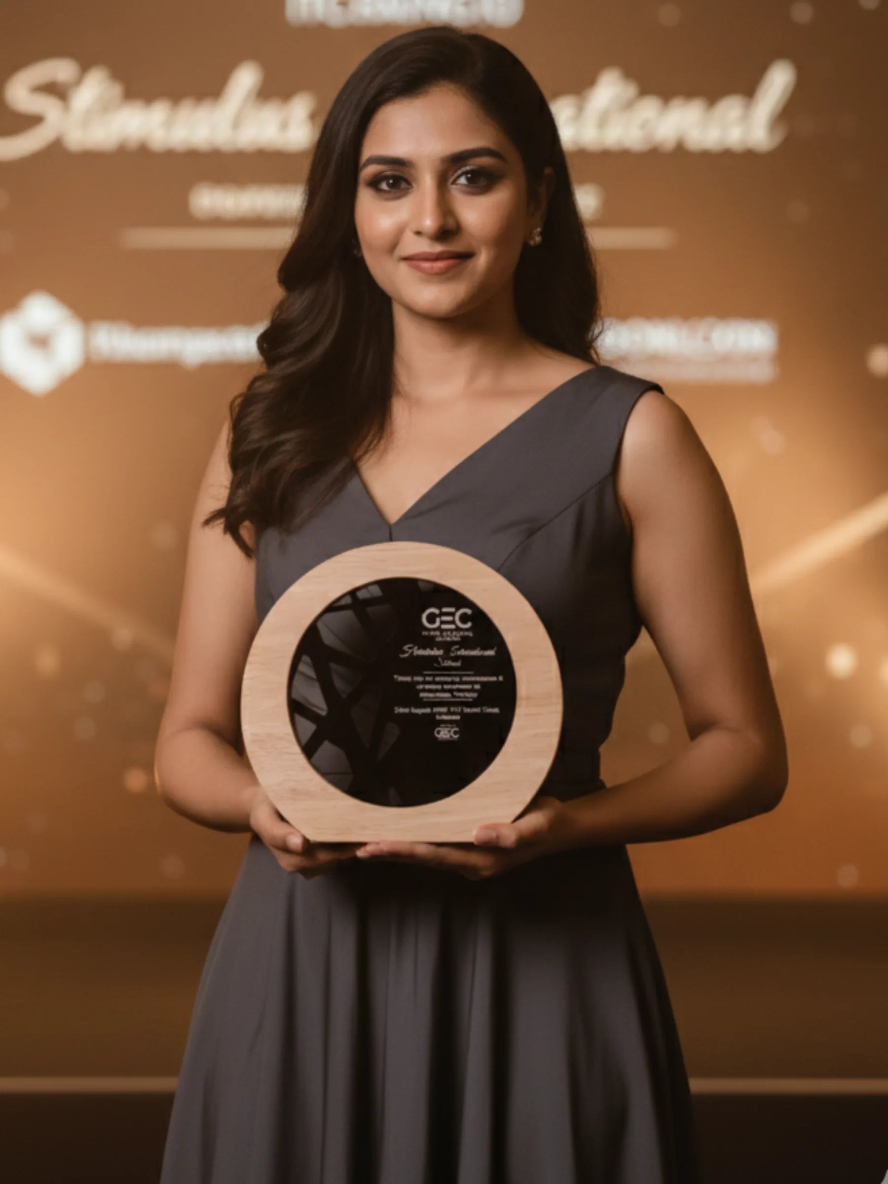 Woman holding an award with a blurred background featuring logos and text