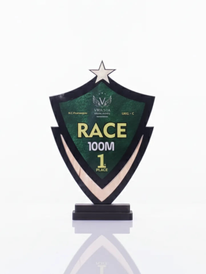 Green and black trophy with 'RACE 100M 1 PLACE' text on a white background