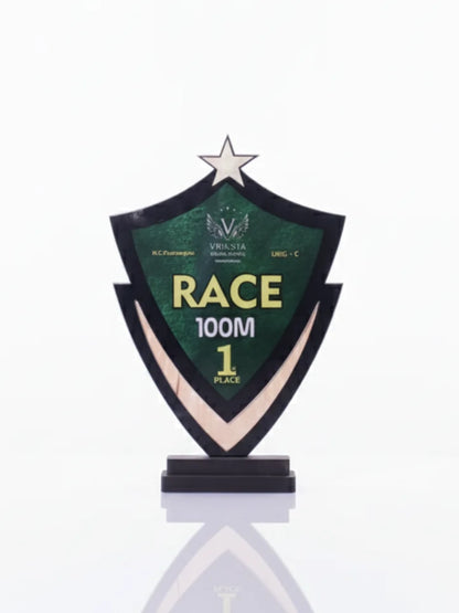 Green and black trophy with 'RACE 100M 1 PLACE' text on a white background