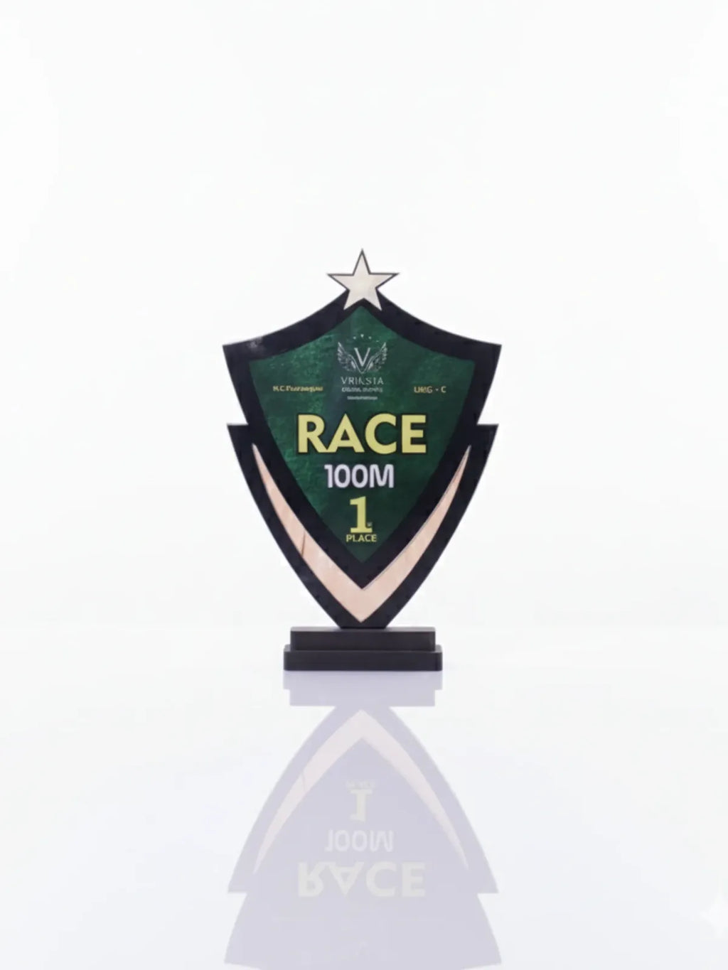 Champion's shield trophy displayed in award ceremony presentation setting