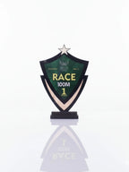 Champion's shield trophy displayed in award ceremony presentation setting