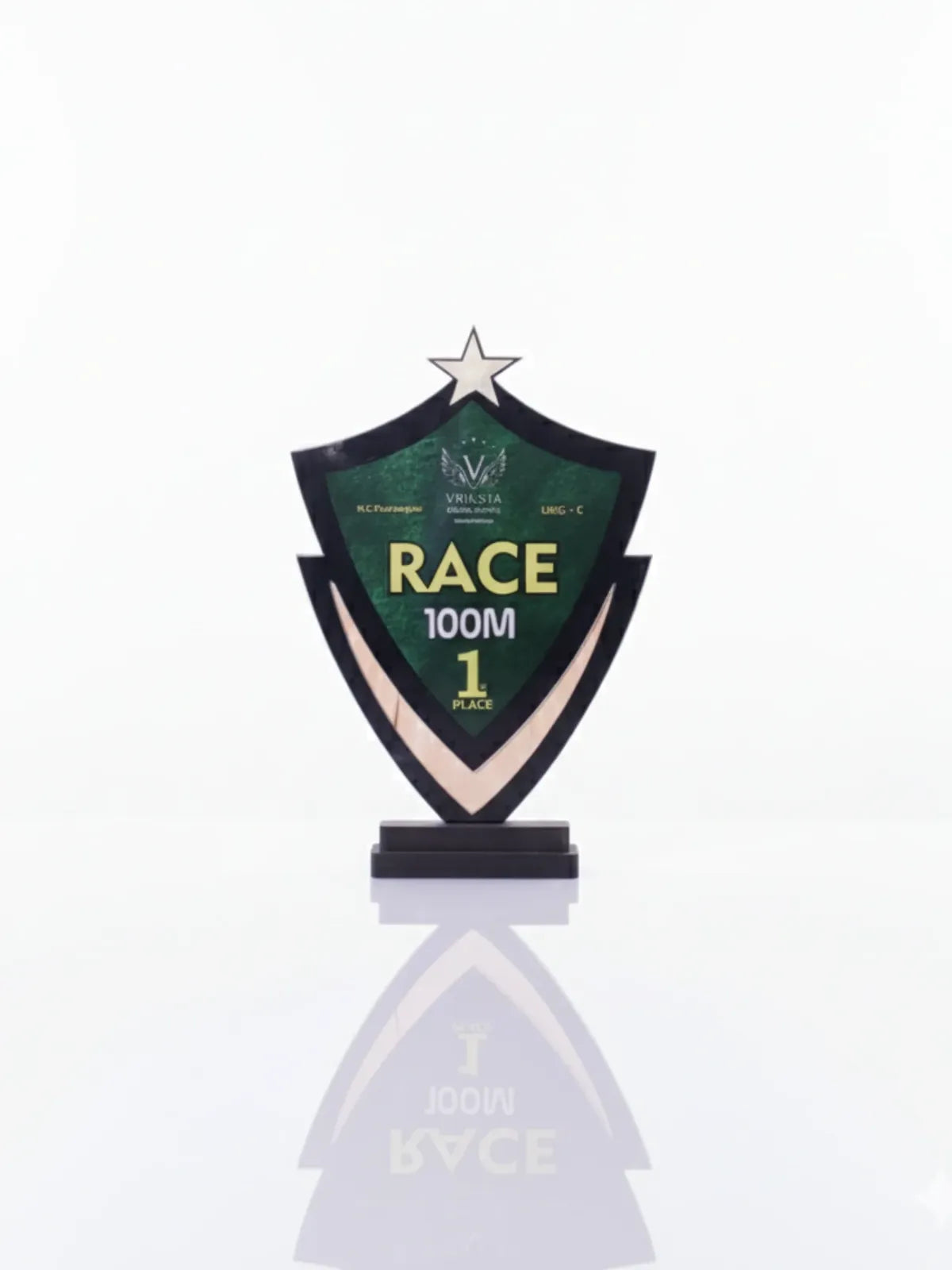 Champion's shield trophy displayed in award ceremony presentation setting