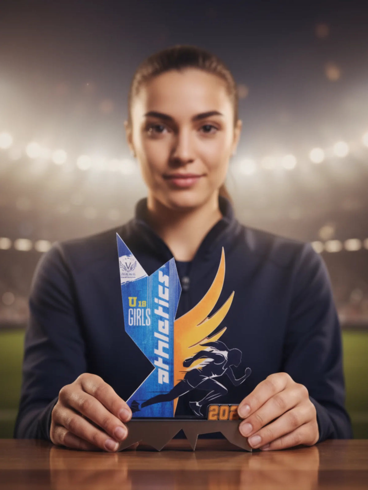 Woman holding a trophy with 'Girls Athletics' on it in an outdoor stadium setting