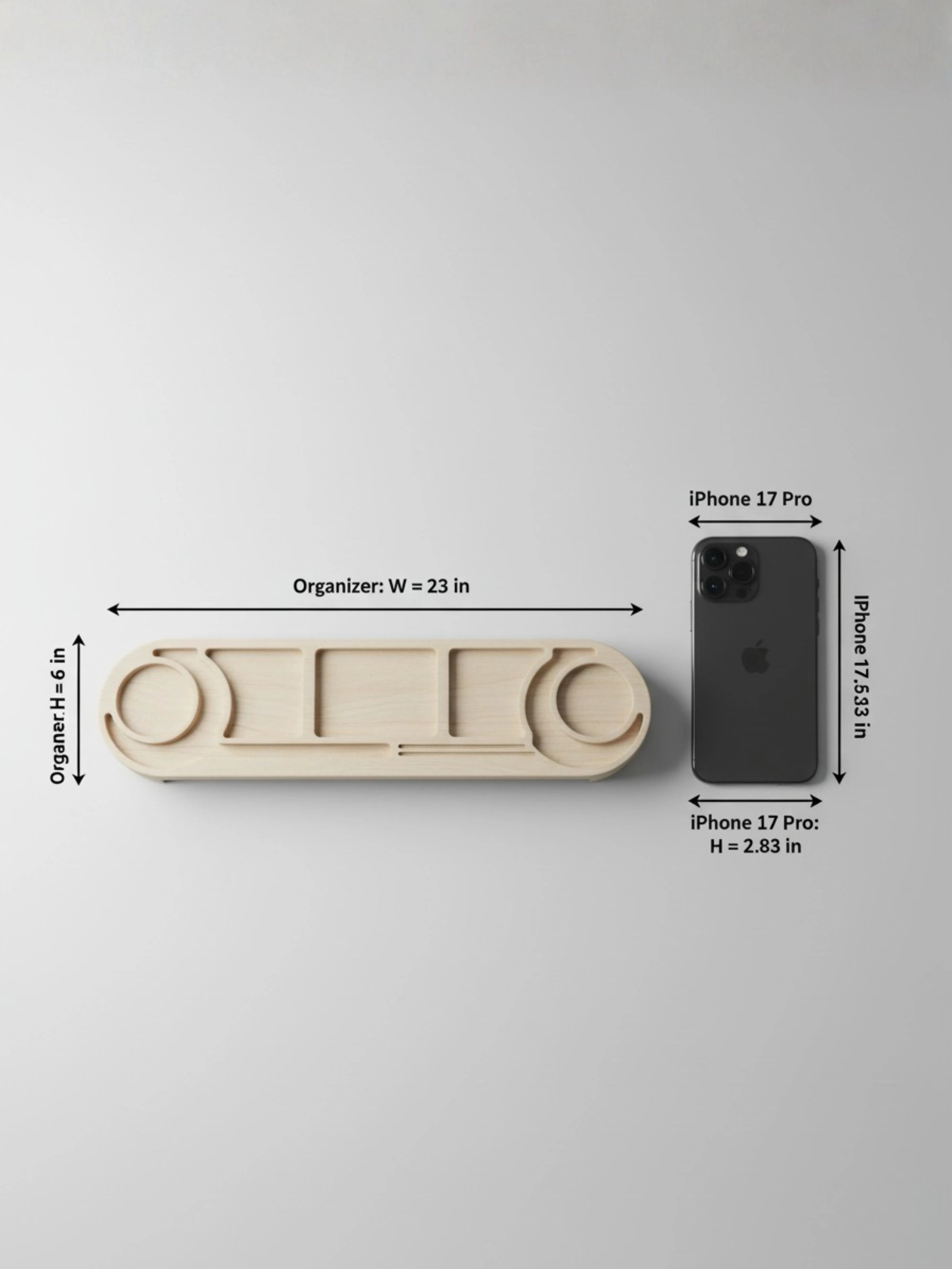 Organizer with dimensions compared to an iPhone 17 Pro on a gray background