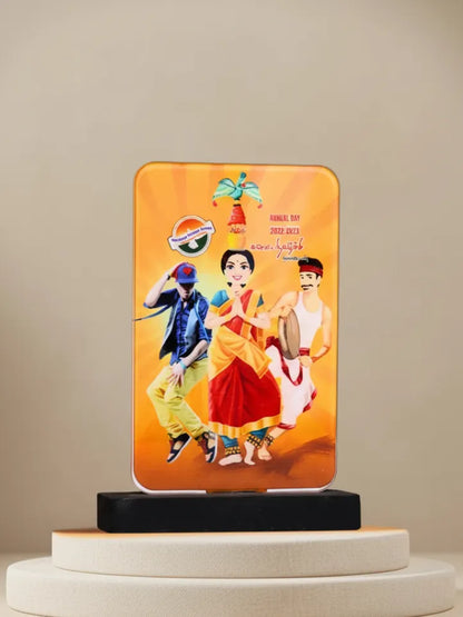 Decorative lamp with animated characters on an orange background
