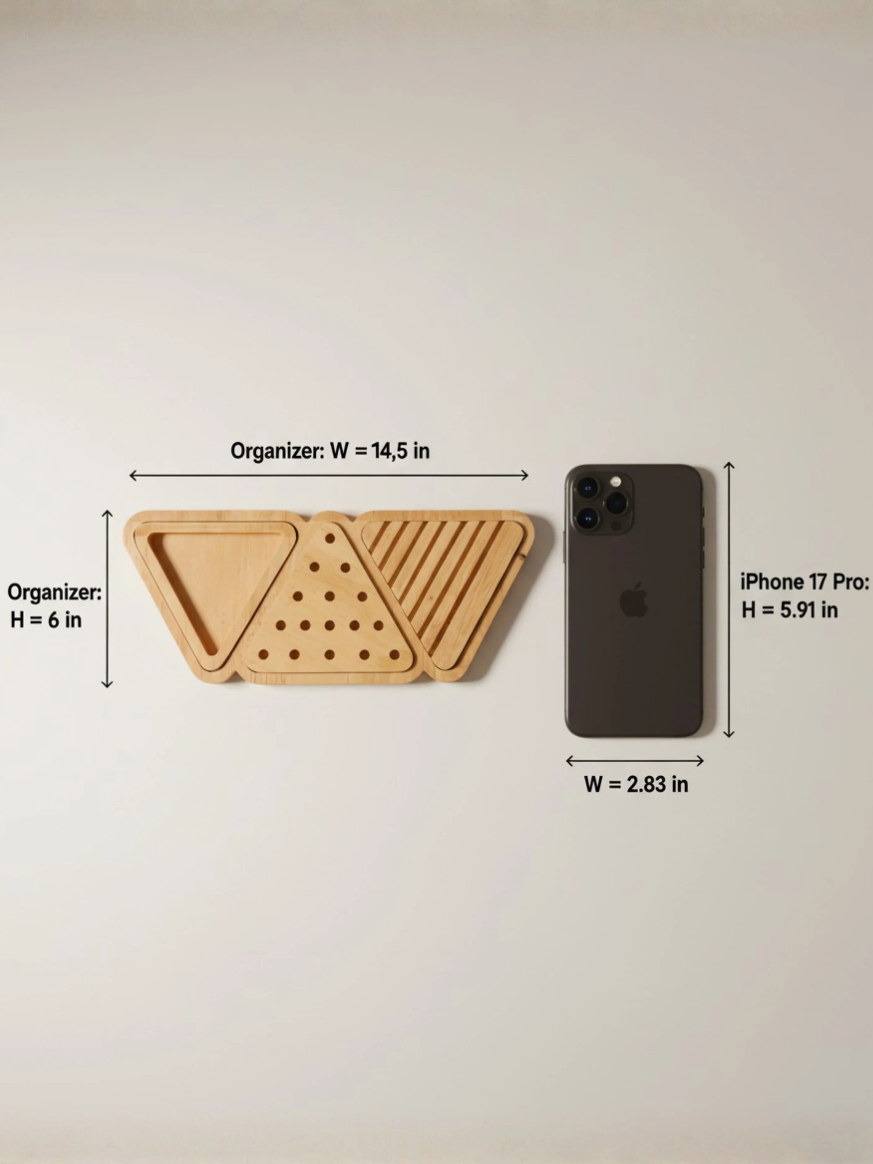 Wooden organizer with dimensions labeled next to an iPhone 17 Pro Max on a white background