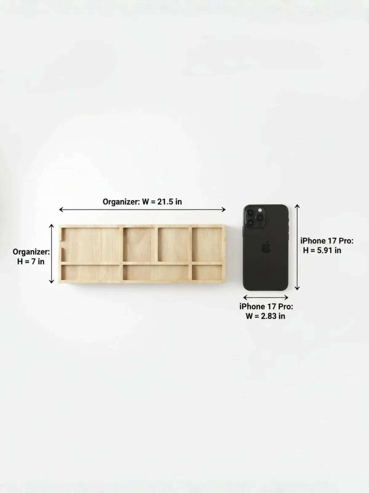Wooden organizer with dimensions labeled next to an iPhone 17 Pro on a white background