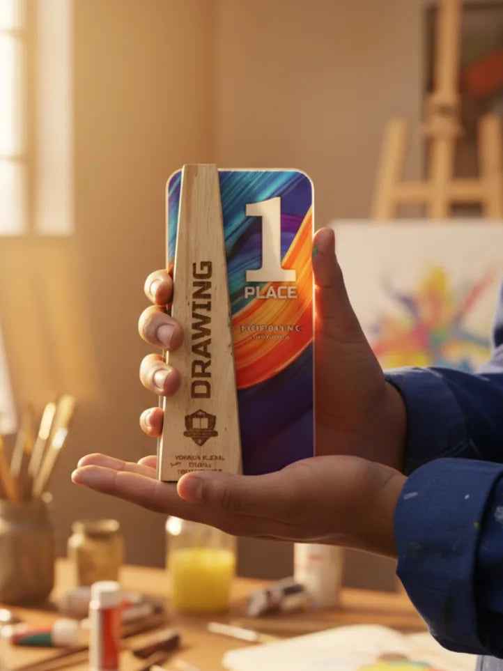 Hand holding a smartphone with a colorful app interface, set against an indoor background with art supplies.