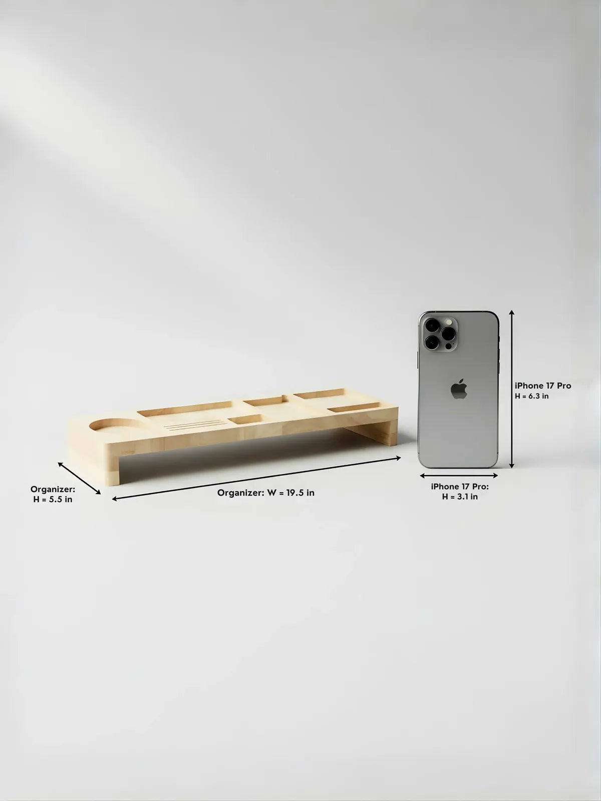 Wooden phone stand with dimensions labeled next to an iPhone 17 Pro on a white background