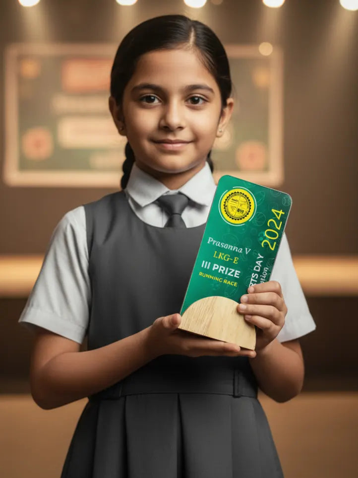Young girl in school uniform holding a green certificate with a yellow seal.