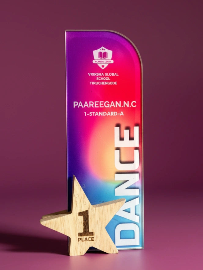 Colorful trophy with 'Dance' and '1st Place' on a purple background