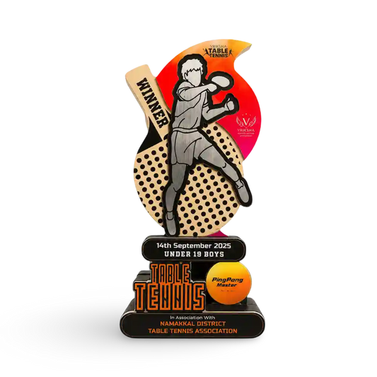 Table tennis trophy with player illustration and event details on a white background