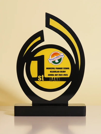 Black and yellow award trophy with text on a beige background