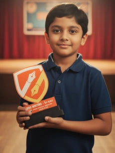 Child holding a book with a badge on the cover in an indoor setting