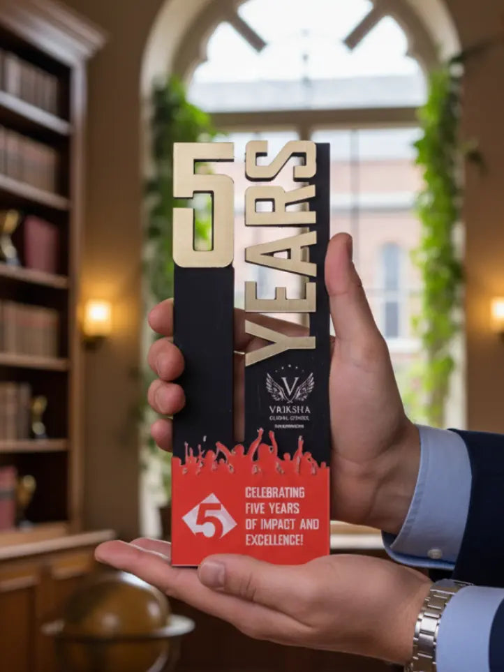 Person holding a trophy with '5 Years' and 'Wysoka' branding in an indoor setting.