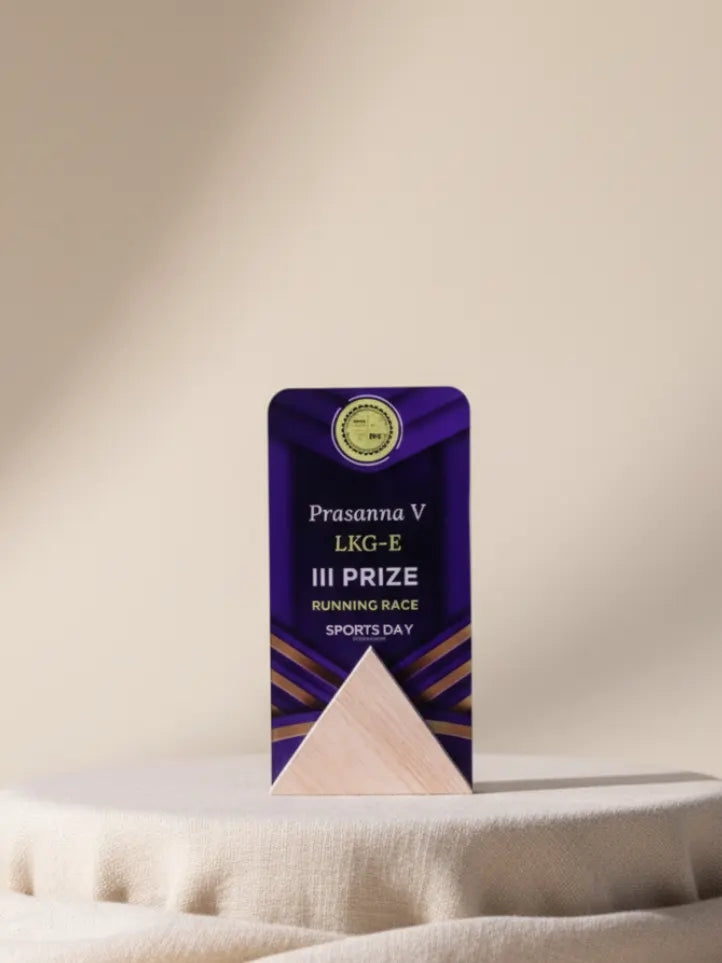 Purple award with gold text on a beige background
