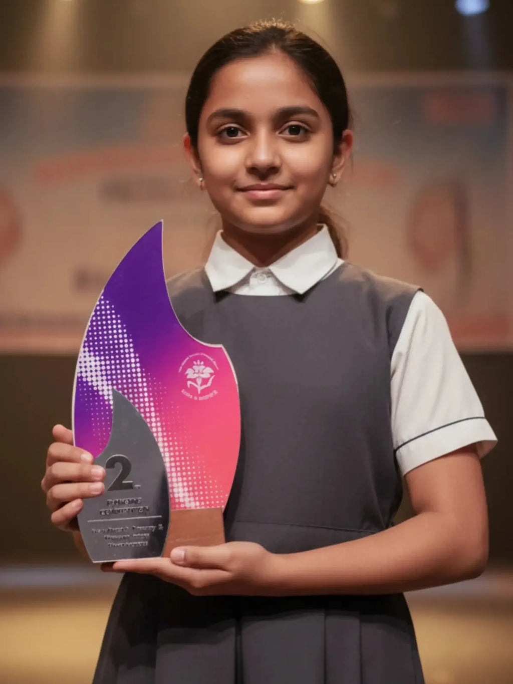 Young girl in school uniform holding a colorful award