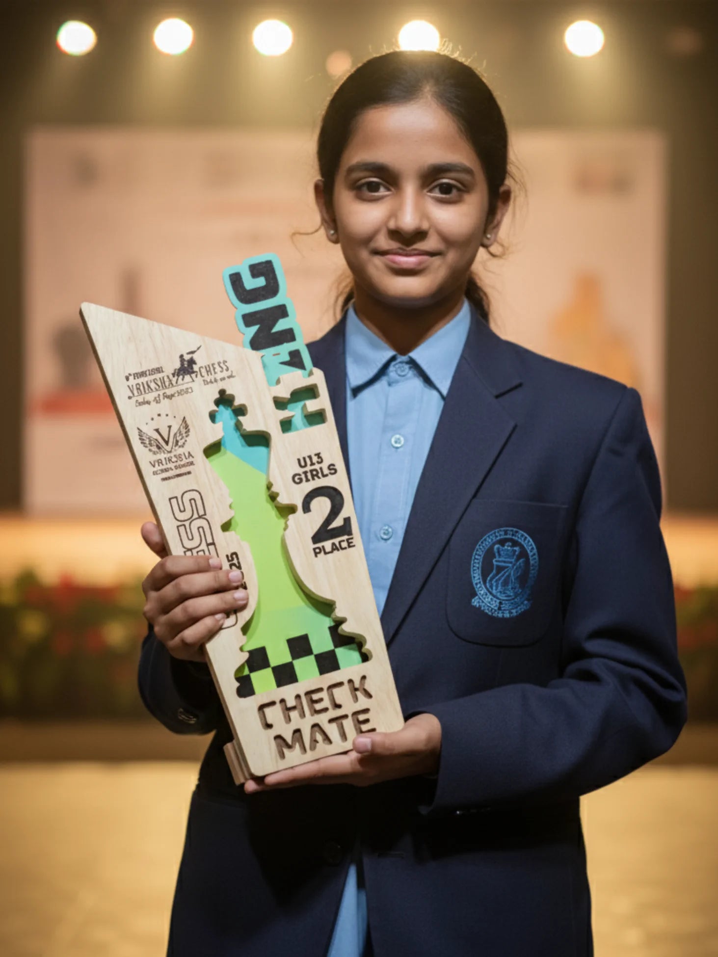 Girl in school uniform holding a trophy with 'Check Mate' text