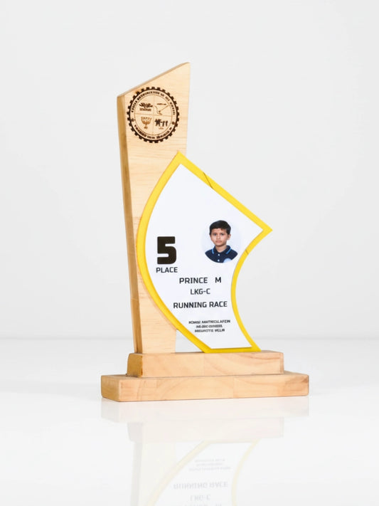 Wooden award with a yellow plaque featuring a person's name and placement on a white background