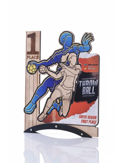 Sports award plaque with illustration of two athletes and 'Throw Ball' text on a white background