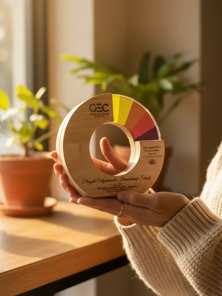 Person holding a circular wooden award with 'GEC' branding in a home setting.