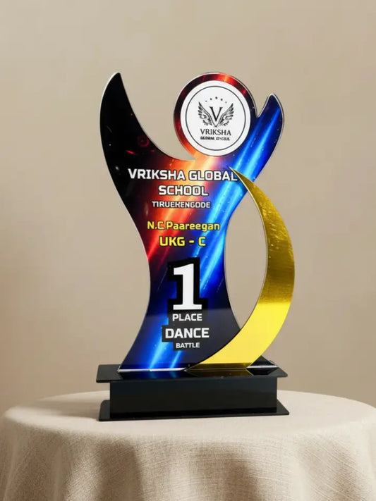 Decorative trophy with colorful design and text on a beige background