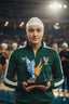 Person in green tracksuit holding an award in a sports arena