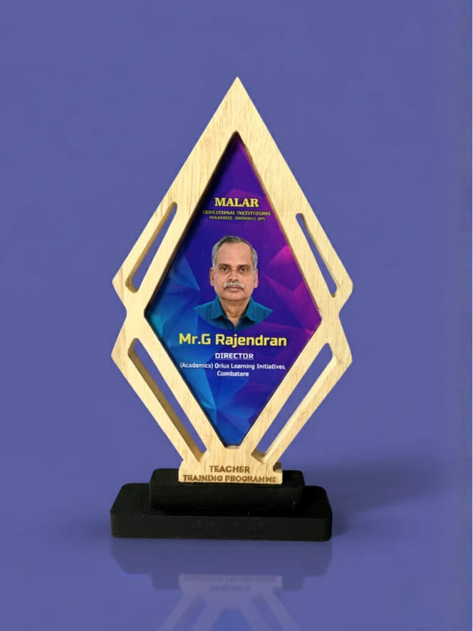 Decorative award with a portrait of a person on a purple background