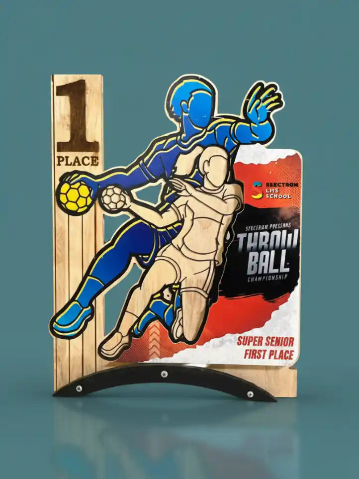 Wooden plaque with a sports design and text on a blue background