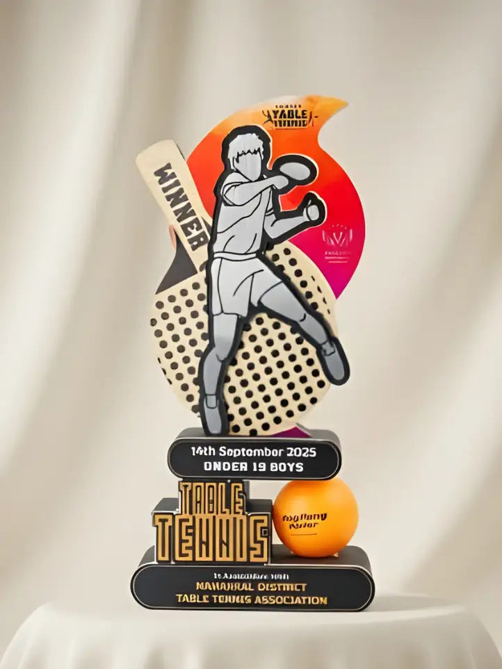 Table tennis trophy with player illustration and event details on a beige background