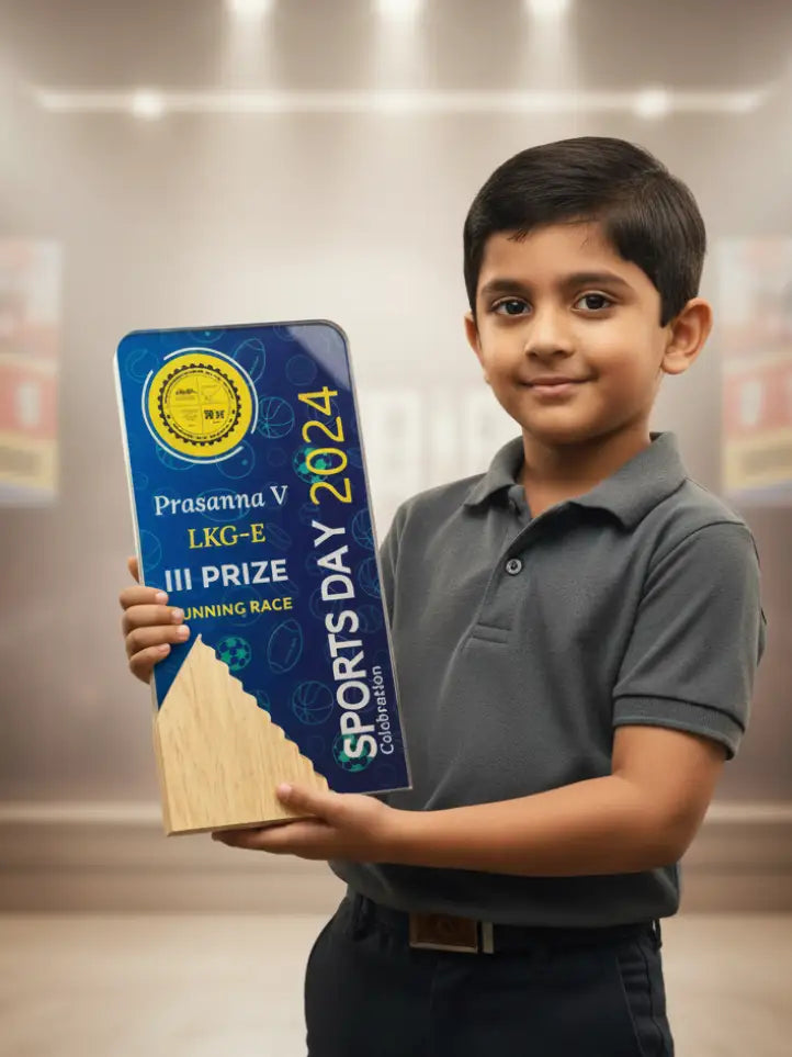 Child holding a sports day award with 'Sports Day 2024' text