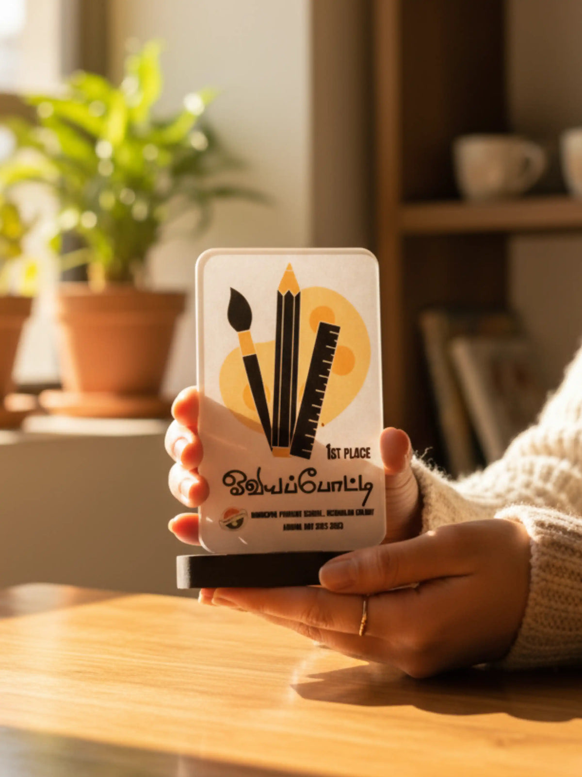 Person holding a small trophy with 'Beloved Lady' branding in a home setting
