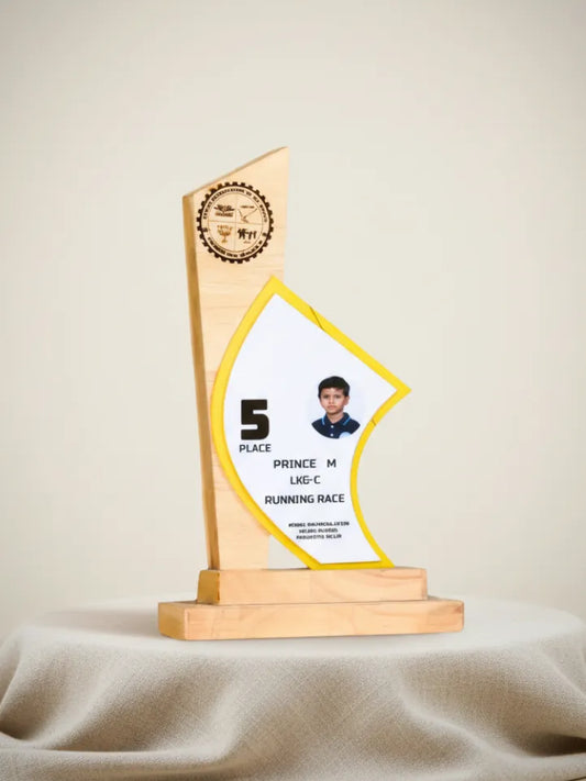 Wooden award with a photo and text on a beige background