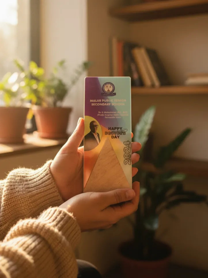 Person holding a box with a colorful design in a home setting