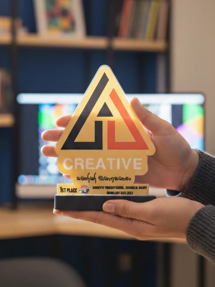 Hand holding a 'Creative' award with a blurred background of books and a computer screen.