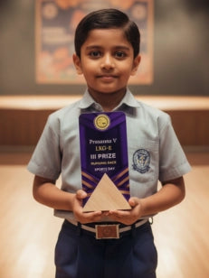 Child holding an award in a formal setting