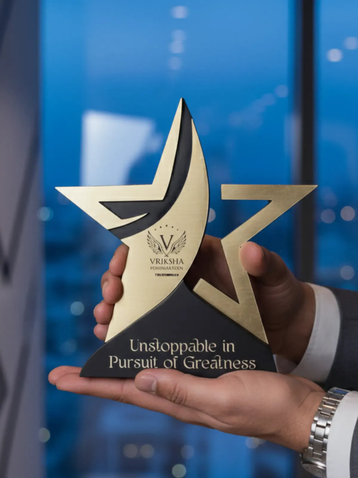 Hand holding a star-shaped award with 'Vriksha' branding against a blurred blue background