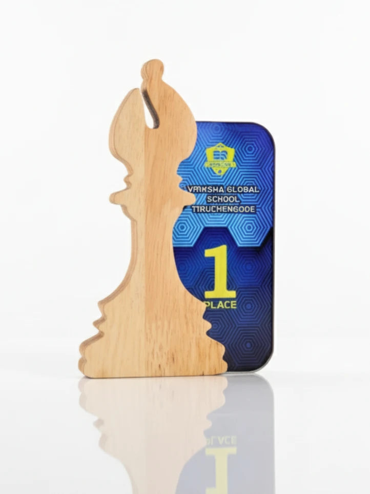 Wooden award with a blue plaque featuring text and a logo on a white background