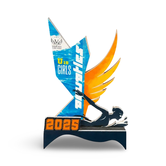 Trophy with blue and orange design featuring 'Girls Athletics' and '2025' on a white background
