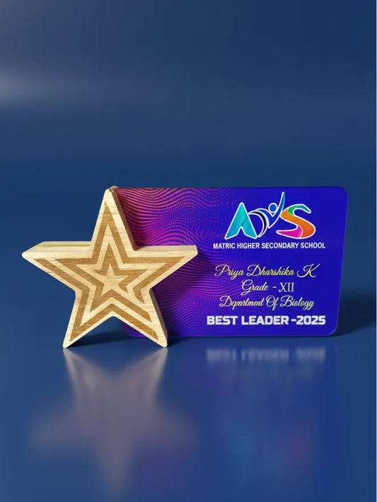 Gold star award with a blue card on a blue background