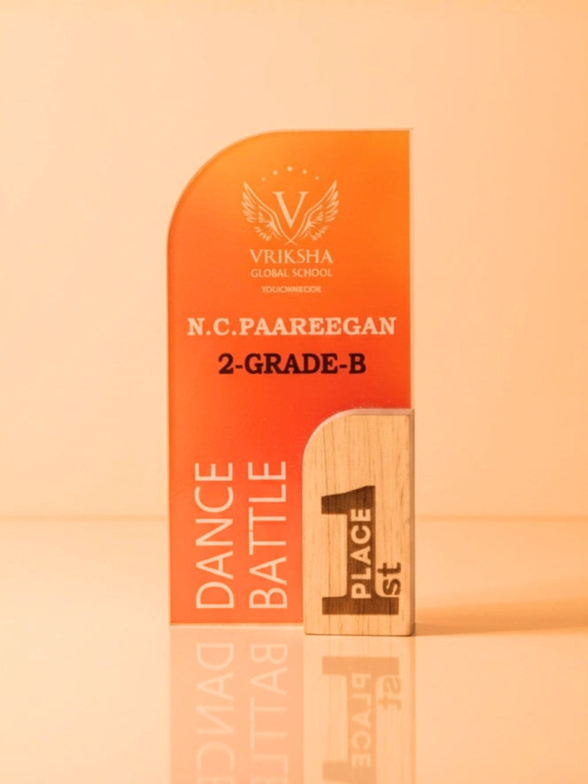 Certified dance battle award with 'Vriksha Global School' branding on an orange background