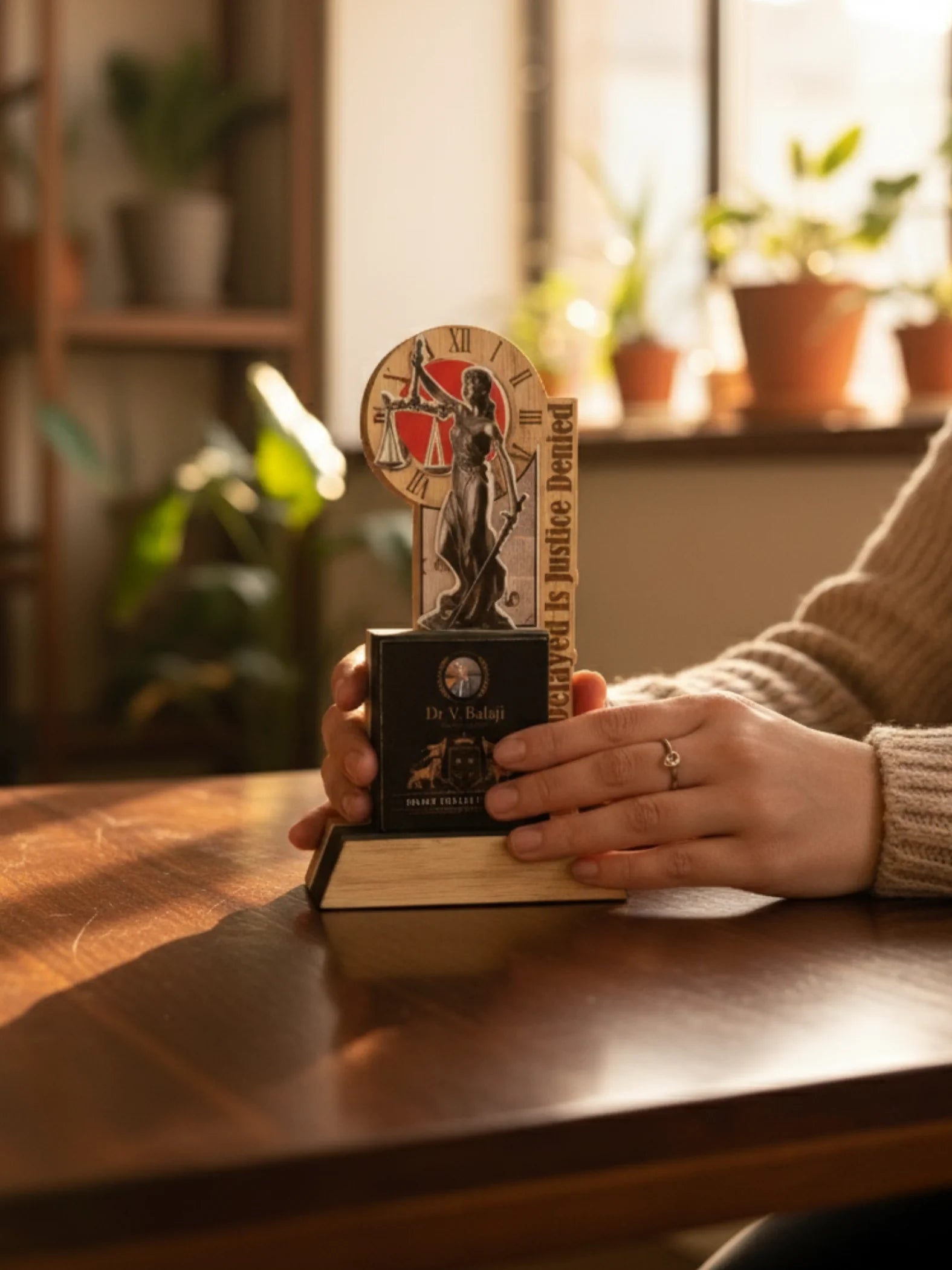 Person holding a decorative clock with a figure on a wooden base in a home setting.