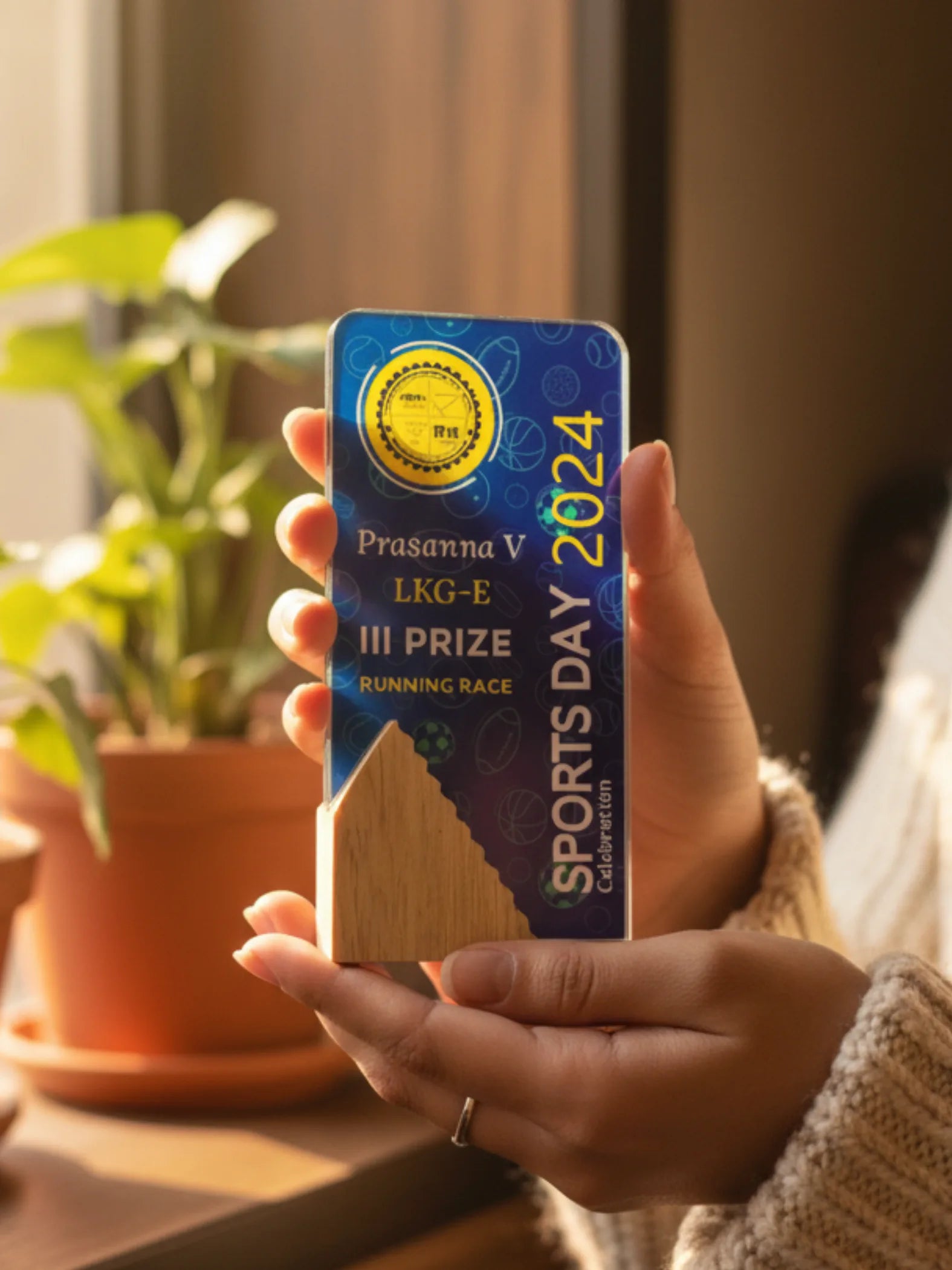 Hand holding a blue and gold award plaque with 'Sports Day 2024' text, blurred background