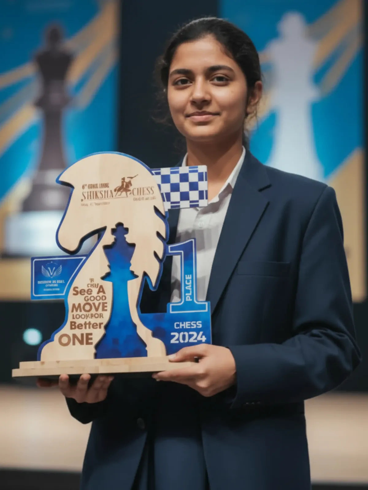Woman holding a chess-themed award with a blurred chess-themed background