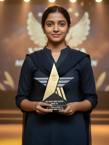 Woman holding an award with wings in the background