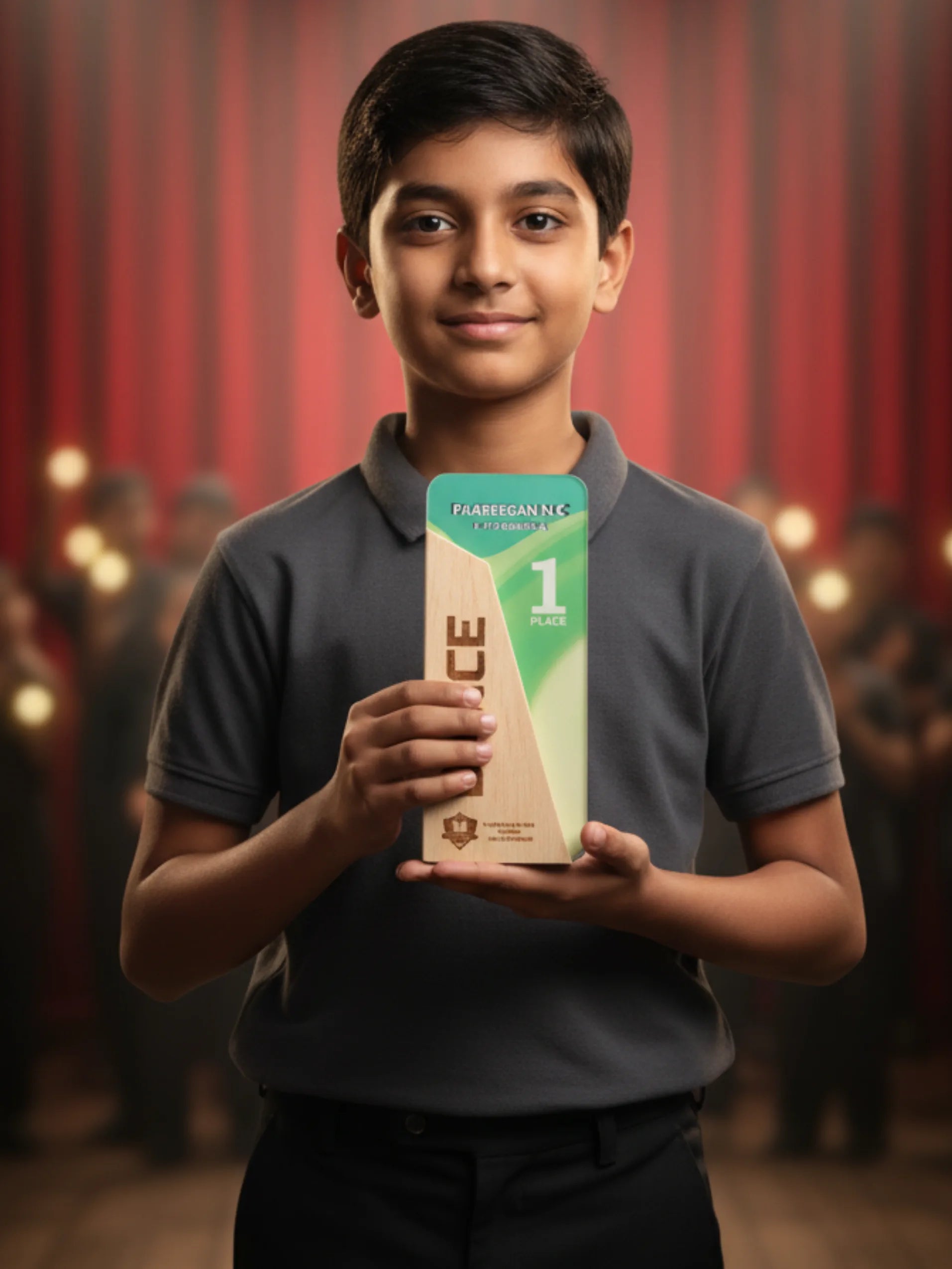 Child holding a product box with a red curtain background