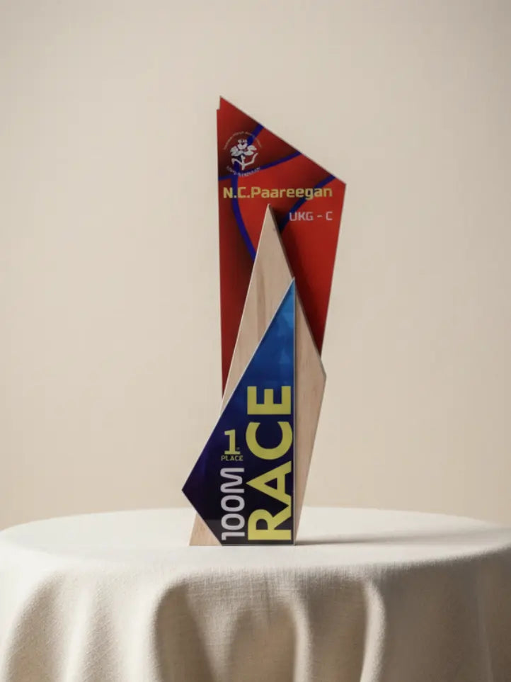 Colorful trophy with text on a beige background