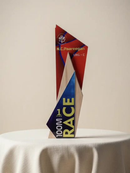 Colorful trophy with text on a beige background